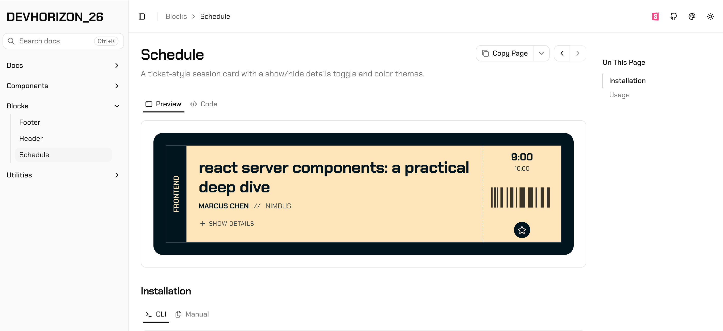 The Unicorn: a design engineer's own component library, documenting a ticket-style schedule card with live preview and code.